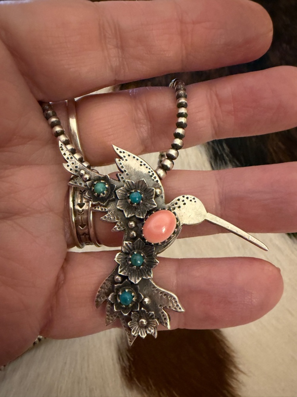 ❤️ Queen Pink Conch & Kingman Turquoise Appliquéd Sterling Hummingbird Pendant
